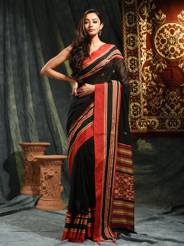 Black hand woven soft Cotton saree with Red border