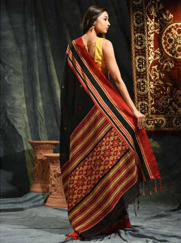 Black hand woven soft Cotton saree with Red border 1
