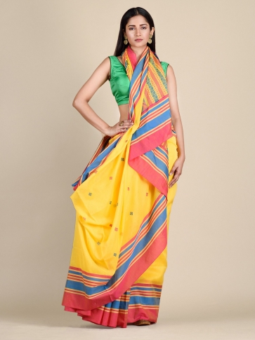 Yellow Pure Cotton Hand woven saree with Multicolor border