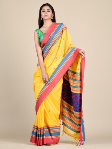 Yellow Pure Cotton Hand woven saree with Multicolor border 0