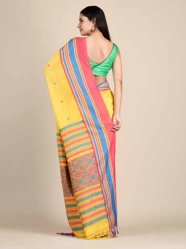 Yellow Pure Cotton Hand woven saree with Multicolor border 1