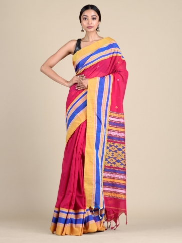 Rani Pure Cotton Hand woven saree with Multicolor border