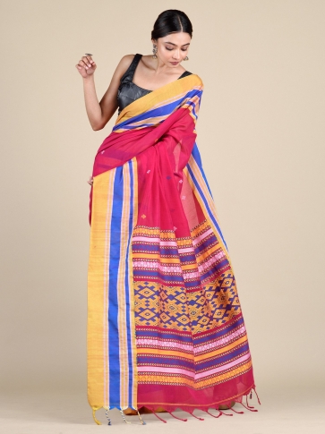 Rani Pure Cotton Hand woven saree with Multicolor border 0