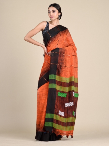 Rust Pure Cotton Hand woven saree with Black border