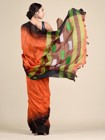 Rust Pure Cotton Hand woven saree with Black border 1