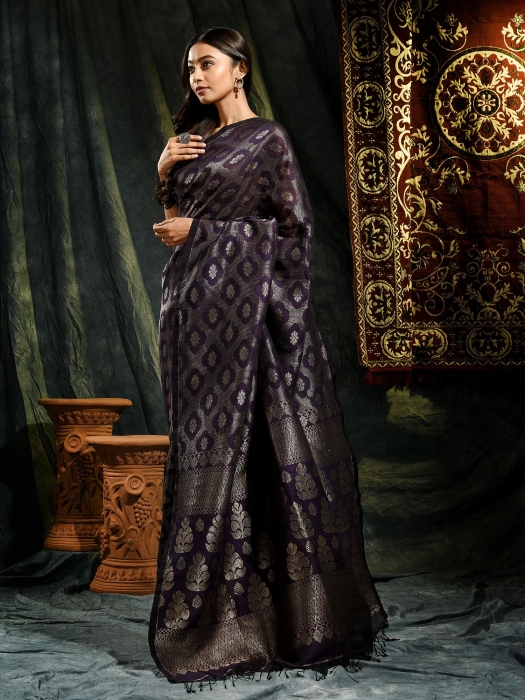 Violet organic Linen hand woven saree with floral work all over 0