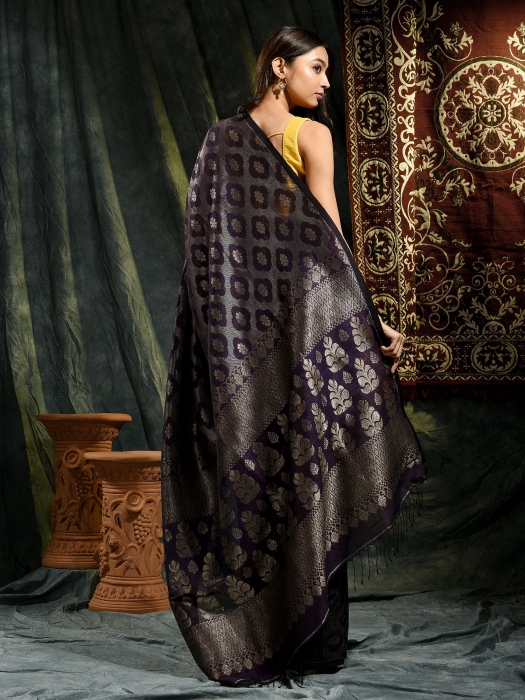 Violet organic Linen hand woven saree with floral work all over 1