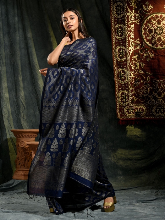 Violet organic Linen hand woven saree with floral work all over