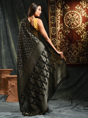 Black organic Linen hand woven saree with floral work all over 1