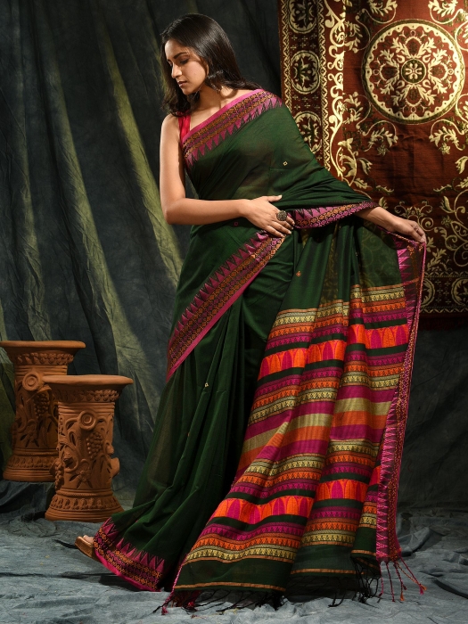 Green pure Cotton Hand woven saree with temple border