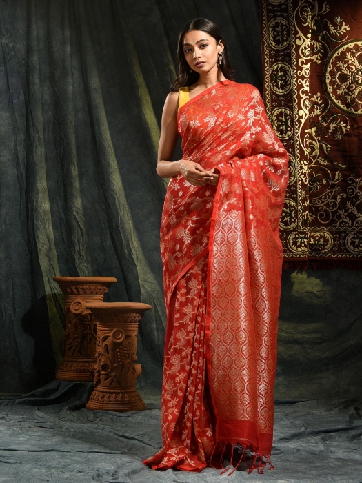 Red pure linen hand woven saree with zari 0