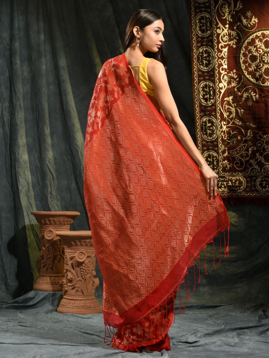 Red pure linen hand woven saree with zari 1