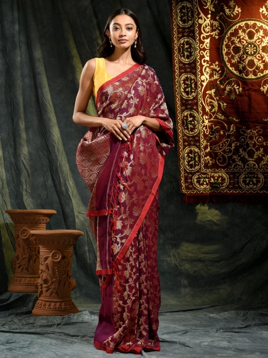 Magenta pure linen hand woven saree with zari 0