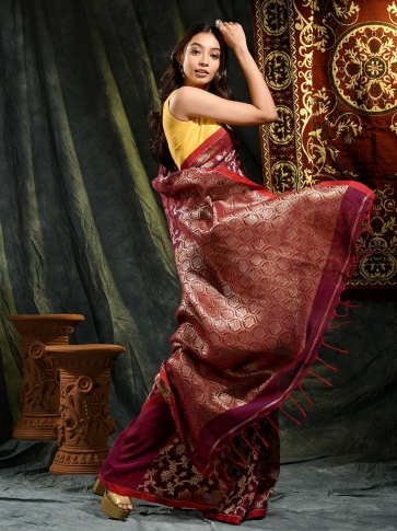 Magenta pure linen hand woven saree with zari