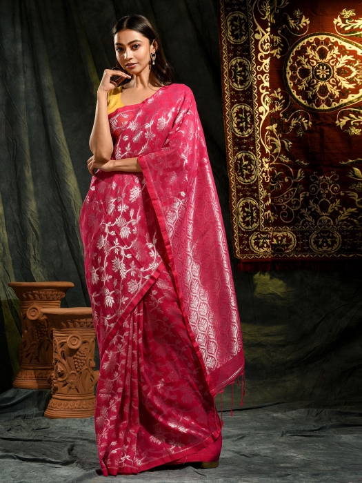 Pink pure linen hand woven saree with zari