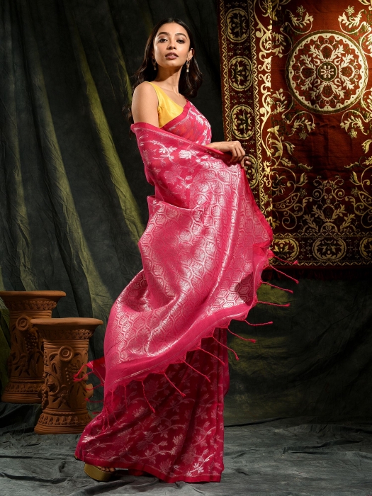 Pink pure linen hand woven saree with zari 0