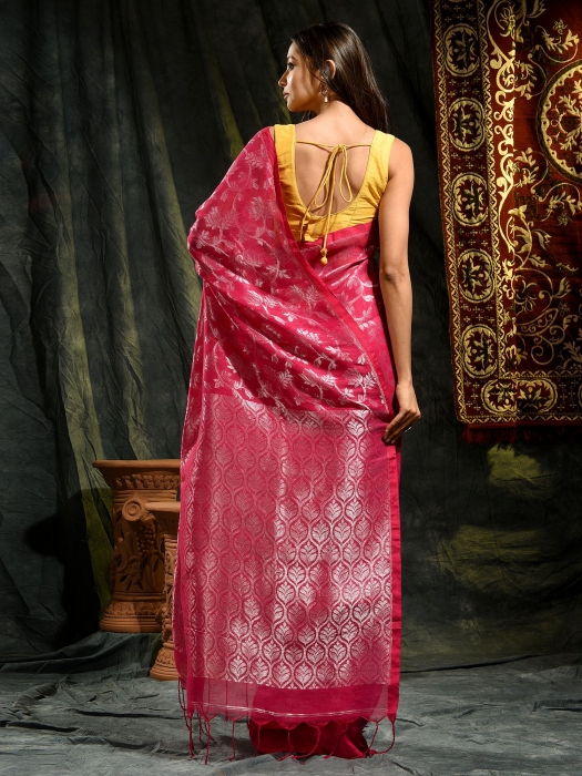 Pink pure linen hand woven saree with zari 1