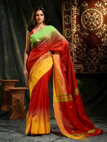 Red Blended Cotton hand woven saree