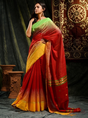 Red Blended Cotton hand woven saree 0