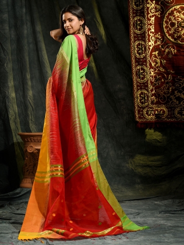 Red Blended Cotton hand woven saree 1