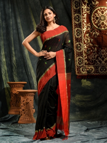 Black Blended Cotton hand woven saree with Red border