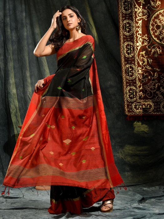 Black Blended Cotton hand woven saree with Red border 1