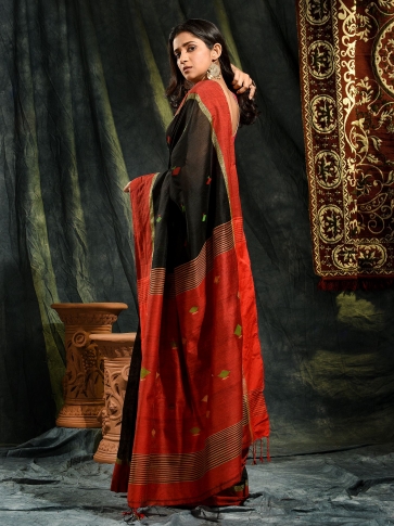 Black Blended Cotton hand woven saree with Red border 0