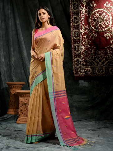 Beige Blended Cotton hand woven saree with Pink border
