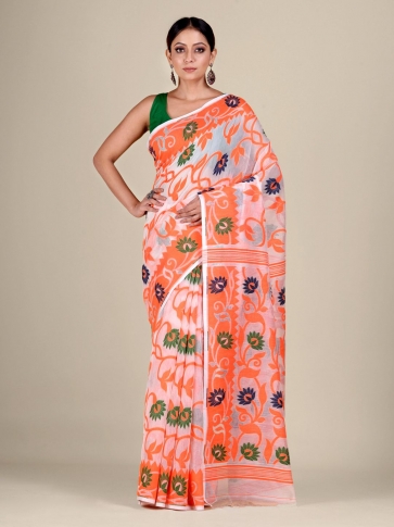 White  and Orange silk Cotton hand woven soft Jamdani saree with floral weaving