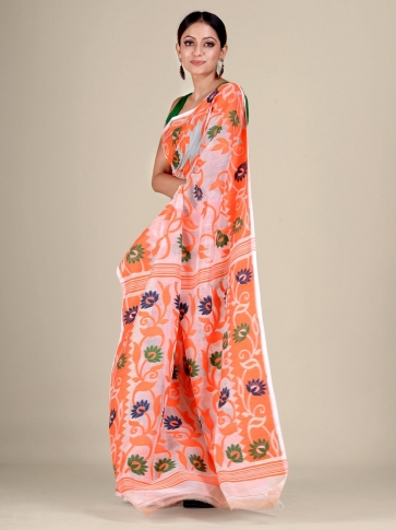 White  and Orange silk Cotton hand woven soft Jamdani saree with floral weaving 0