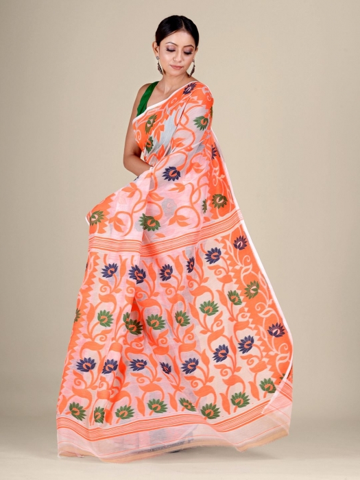 White  and Orange silk Cotton hand woven soft Jamdani saree with floral weaving 2