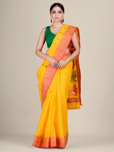 Yellow pure Cotton hand woven  saree with Red border 0