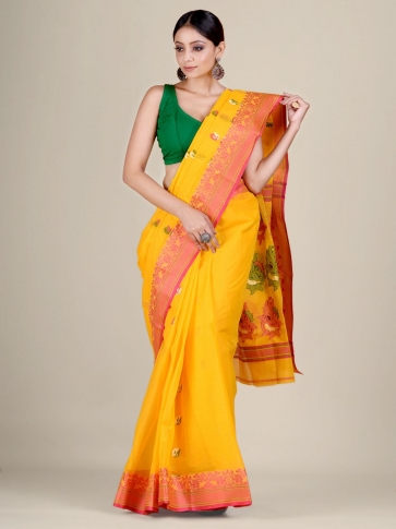 Yellow pure Cotton hand woven  saree with Red border