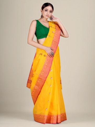 Yellow pure Cotton hand woven  saree with Red border 1