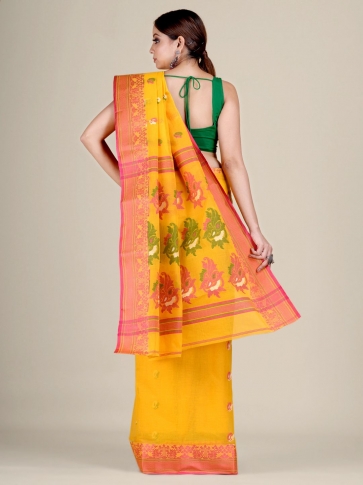Yellow pure Cotton hand woven  saree with Red border 2