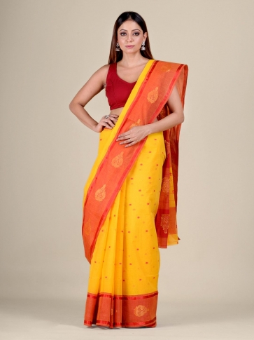 Yellow Cotton hand woven Tant saree with nakshi border