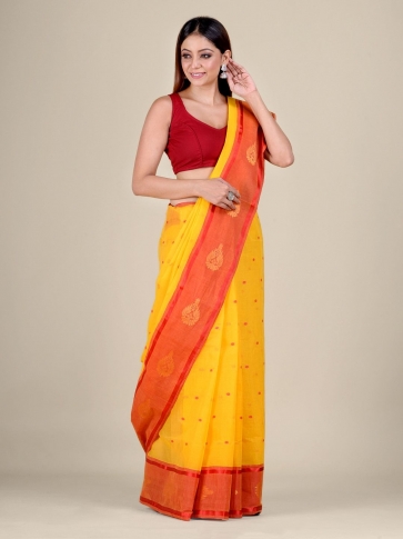Yellow Cotton hand woven Tant saree with nakshi border 0
