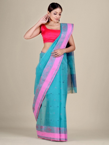 Sky Blue Cotton hand woven Tant saree with Pink border 1