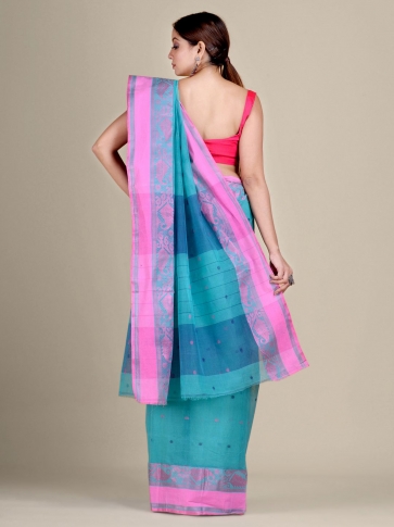 Sky Blue Cotton hand woven Tant saree with Pink border 0