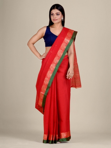 Red Cotton hand woven Tant saree with Green border