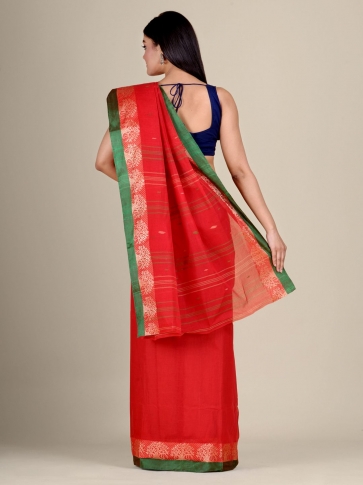 Red Cotton hand woven Tant saree with Green border 1
