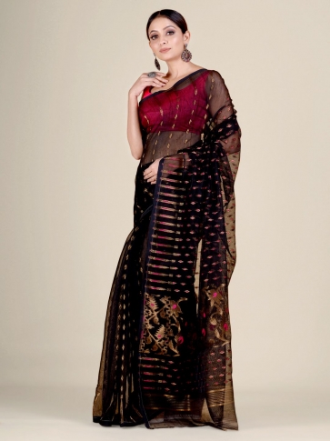 Black Silk Cotton handwoven soft Jamdani saree with zari work