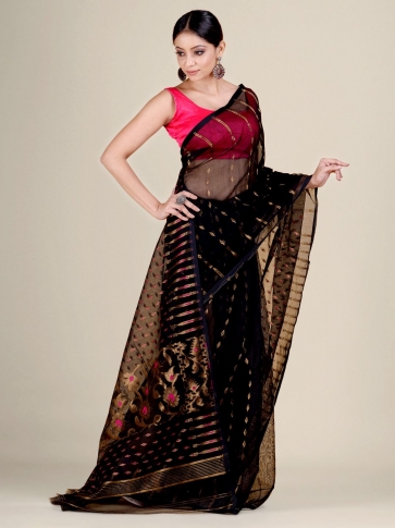 Black Silk Cotton handwoven soft Jamdani saree with zari work 1