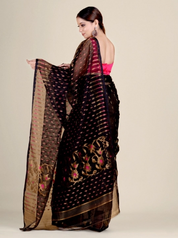 Black Silk Cotton handwoven soft Jamdani saree with zari work 2