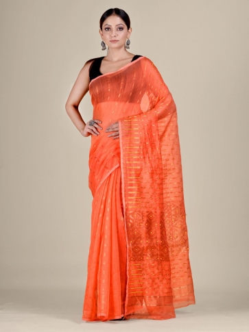 Orange Silk Cotton handwoven soft Jamdani saree with zari work 1