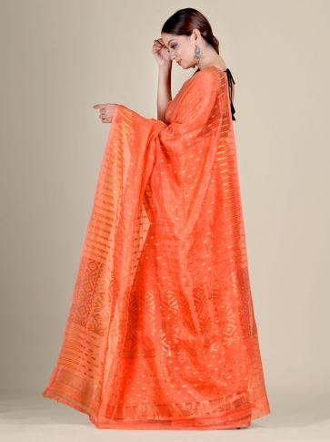 Orange Silk Cotton handwoven soft Jamdani saree with zari work 0