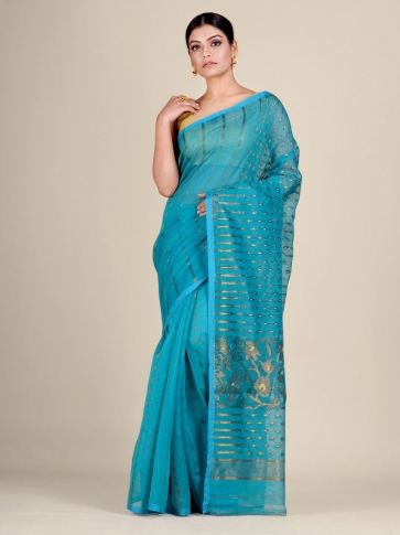 Sea Green Silk Cotton handwoven soft Jamdani saree with zari work