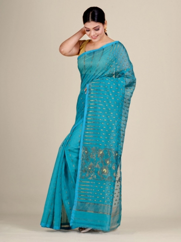 Sea Green Silk Cotton handwoven soft Jamdani saree with zari work 2