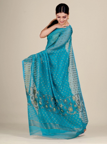 Sea Green Silk Cotton handwoven soft Jamdani saree with zari work 0