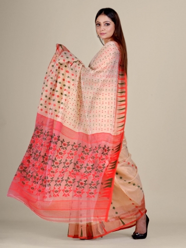 Beige & Red Silk Cotton Jamdani saree with zari work 1